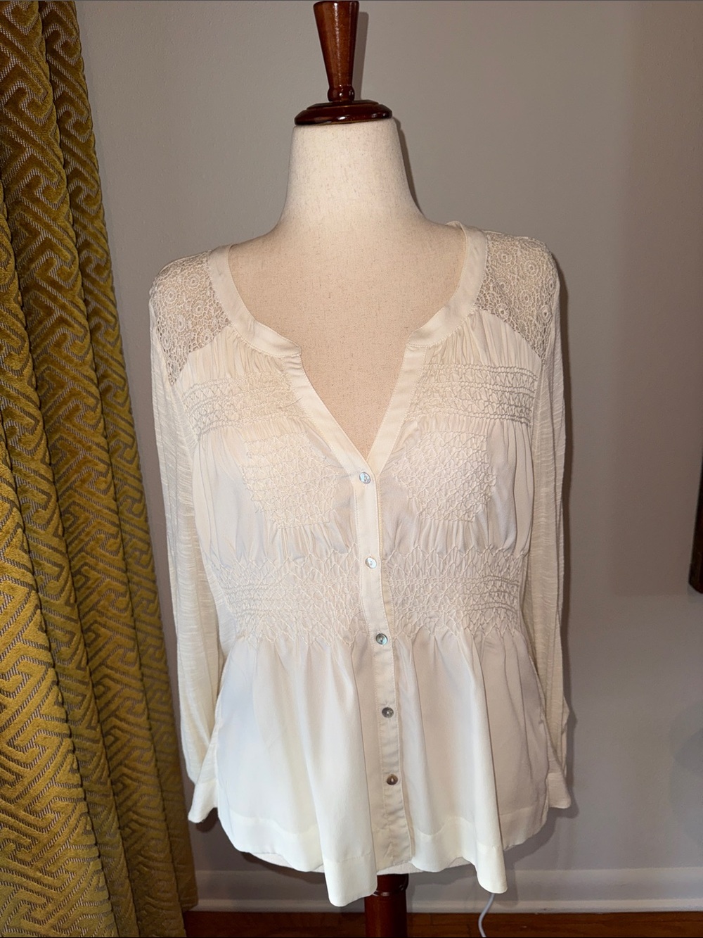 Meadow Rue Cream Lace-Trim Button Front Blouse